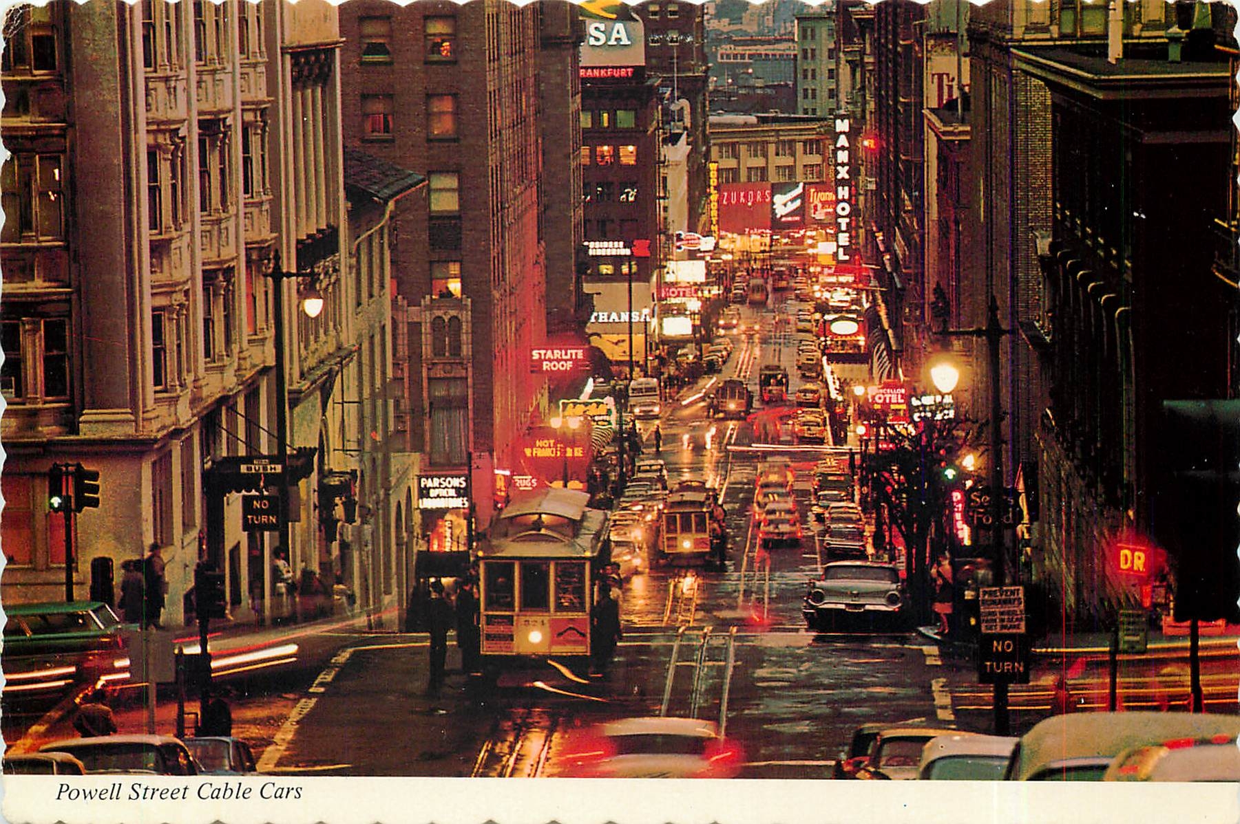 CPM Busy cable cars climb the street terraced Powell Street Hill at twilight time