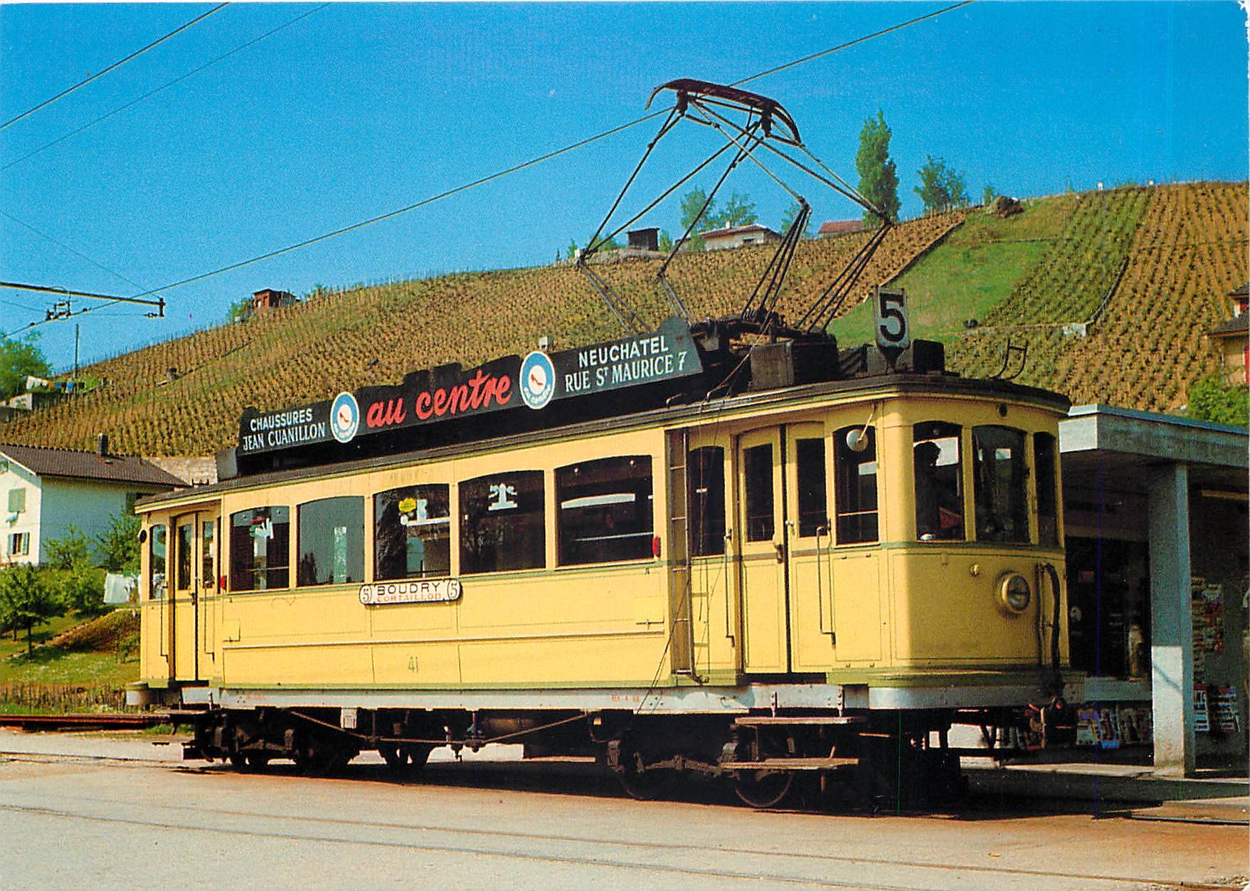 CPM Tramwayse of Neuchatel electric tramcar Be 2 4 41 at the former terminus of Cortaillod