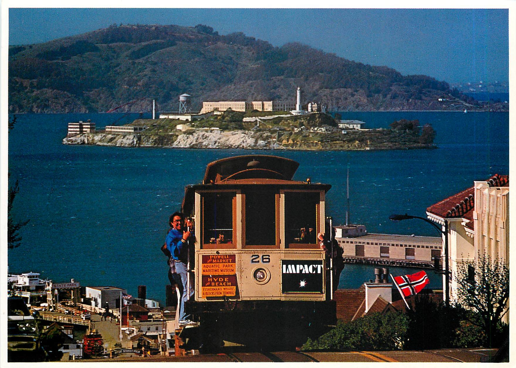 CPM Fun Fun Fun on a San Francisco Cable car with the famous Alcatraz prison island in the backgroun