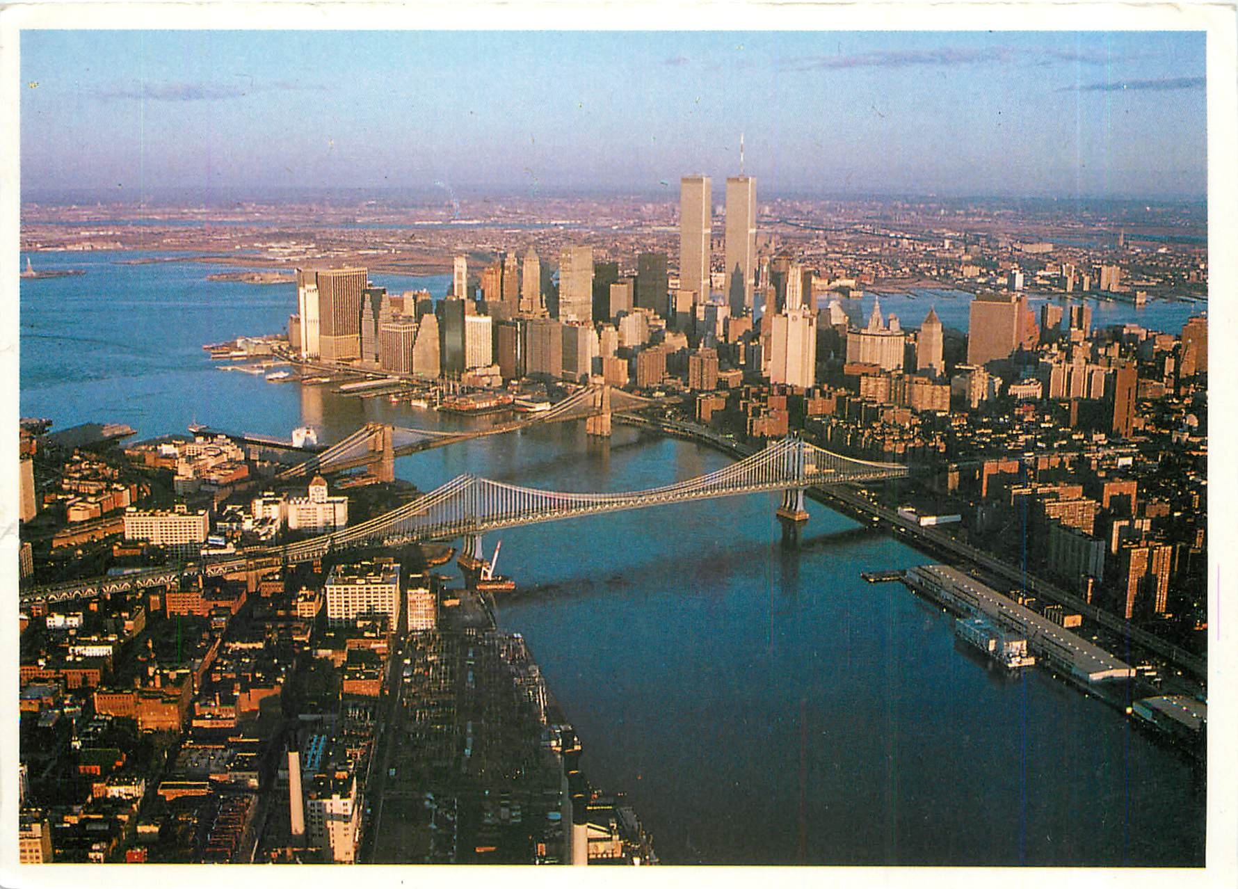 CPM Exotic lower New York aerial view showing Manhattan and Brooklyn Bridges spanning the East River