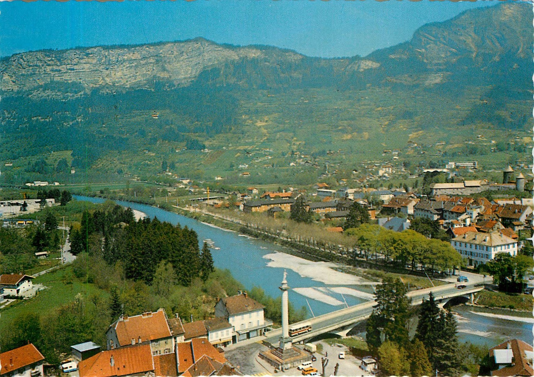 CPM Bonneville Vue aerienne du Pont sur l'Arve et Colonne de Charles Felix