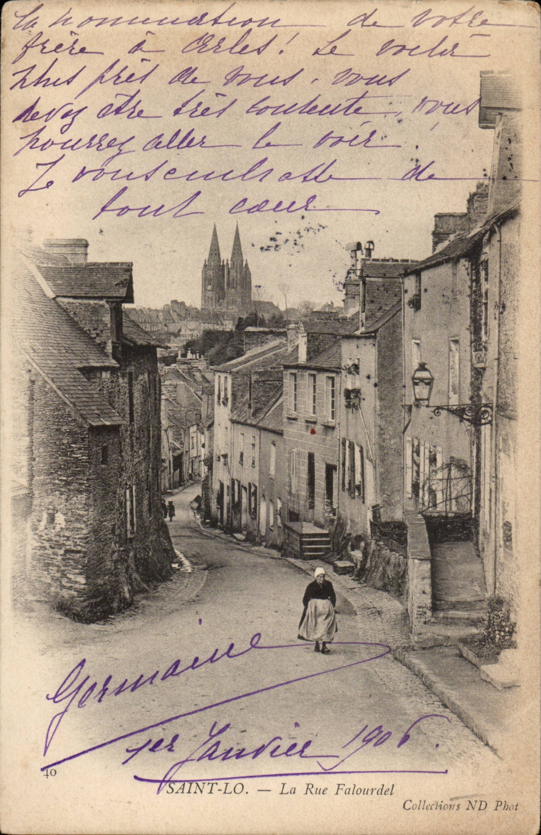 Saint Lo CPA the street FAlourdel (woman nice shot)