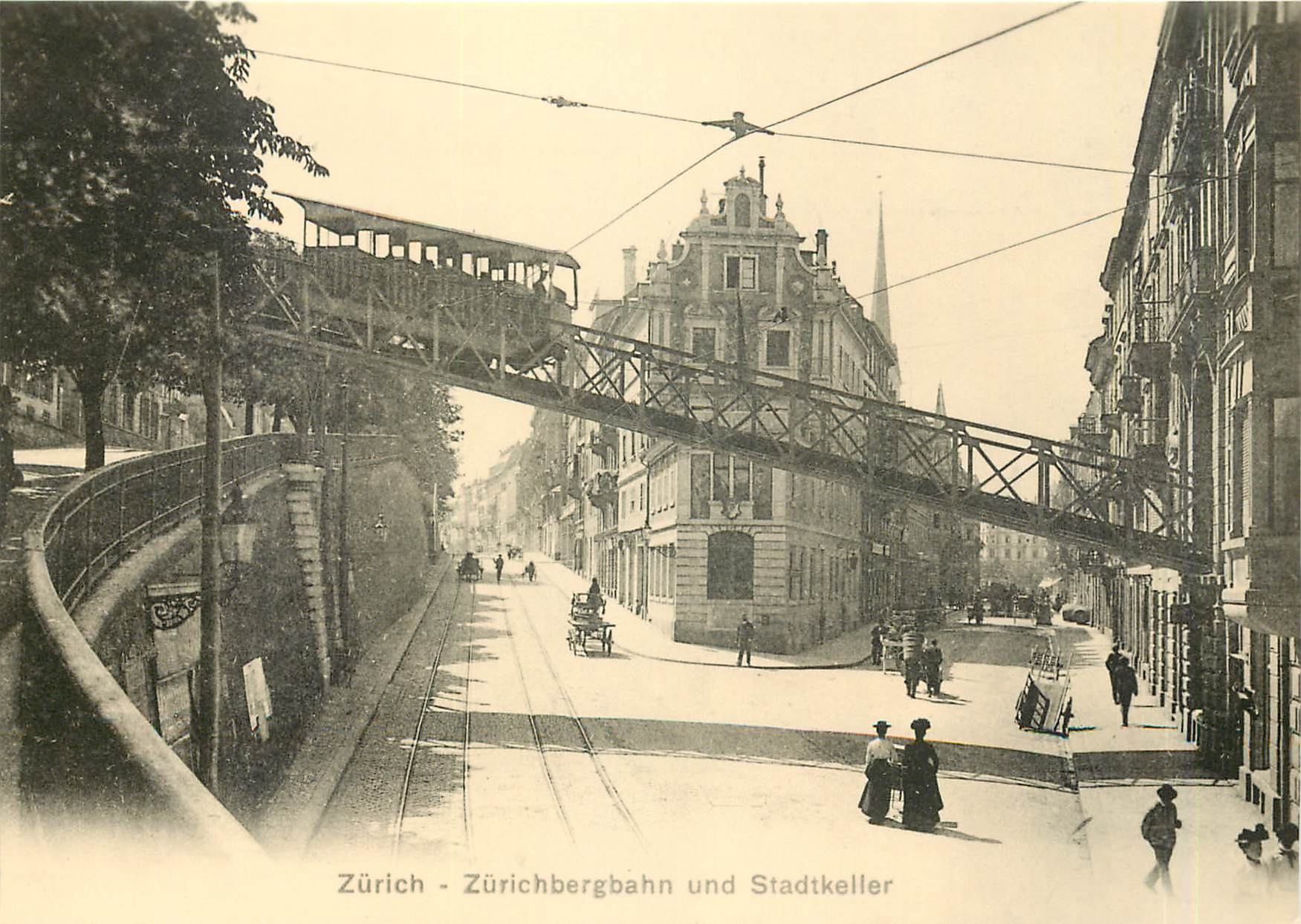 CPM Die Zurichbergbahn (heute Polybahn) mit offenem Wagen auf der Eisenbrucke uber dem schmaien Seil