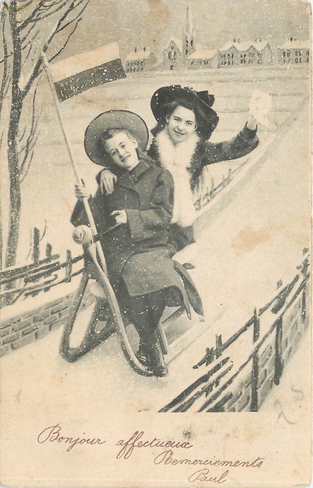CPA Bonjour affectueuse Remerciements Paul Enfants Luge