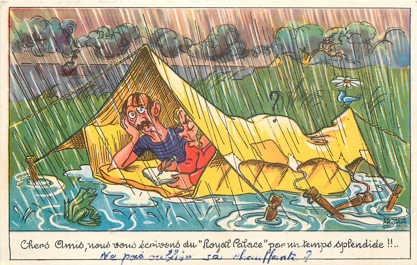 CPA Chers Amis nous ecrivons du ''Royal Palace'' pour un temps splendide Humour Camping