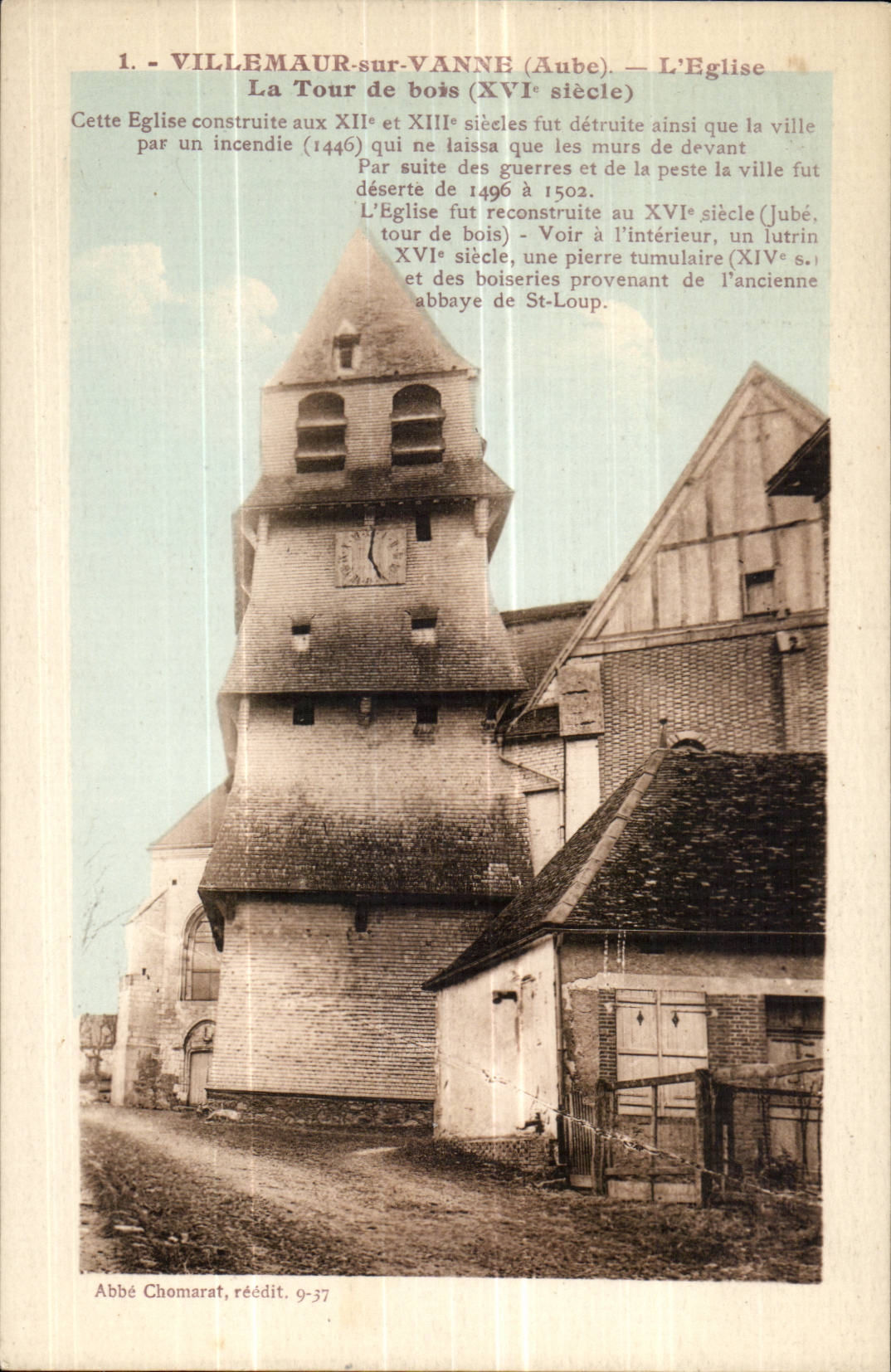 Villemaur on Valve - the Church - the Tower of wood XVI century - clock - CPA