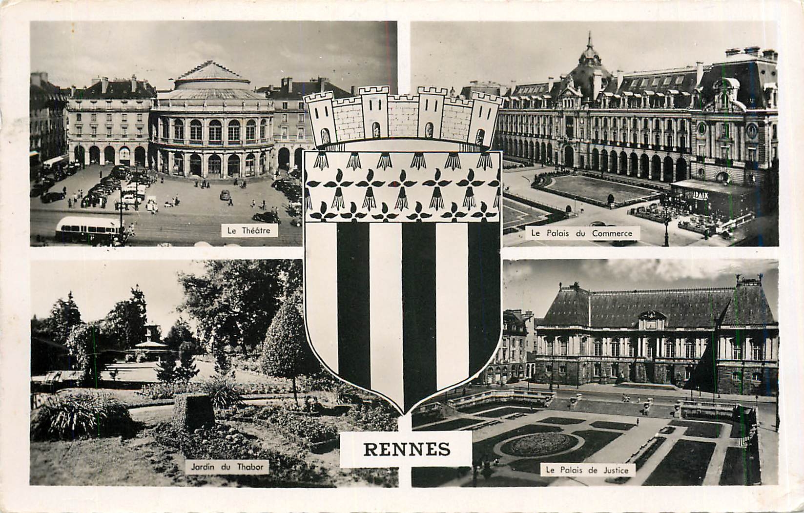 CPM Rennes Le theatre Le palais du commerce Jardin du Thabor Le palais de justice