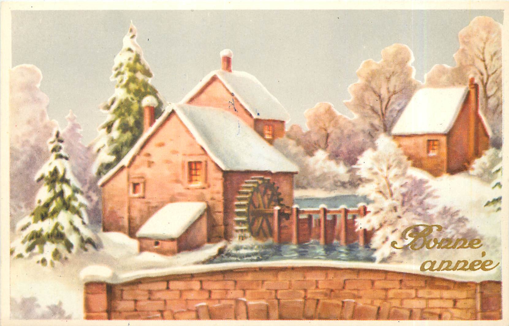 CPA Bonne annee Moulin