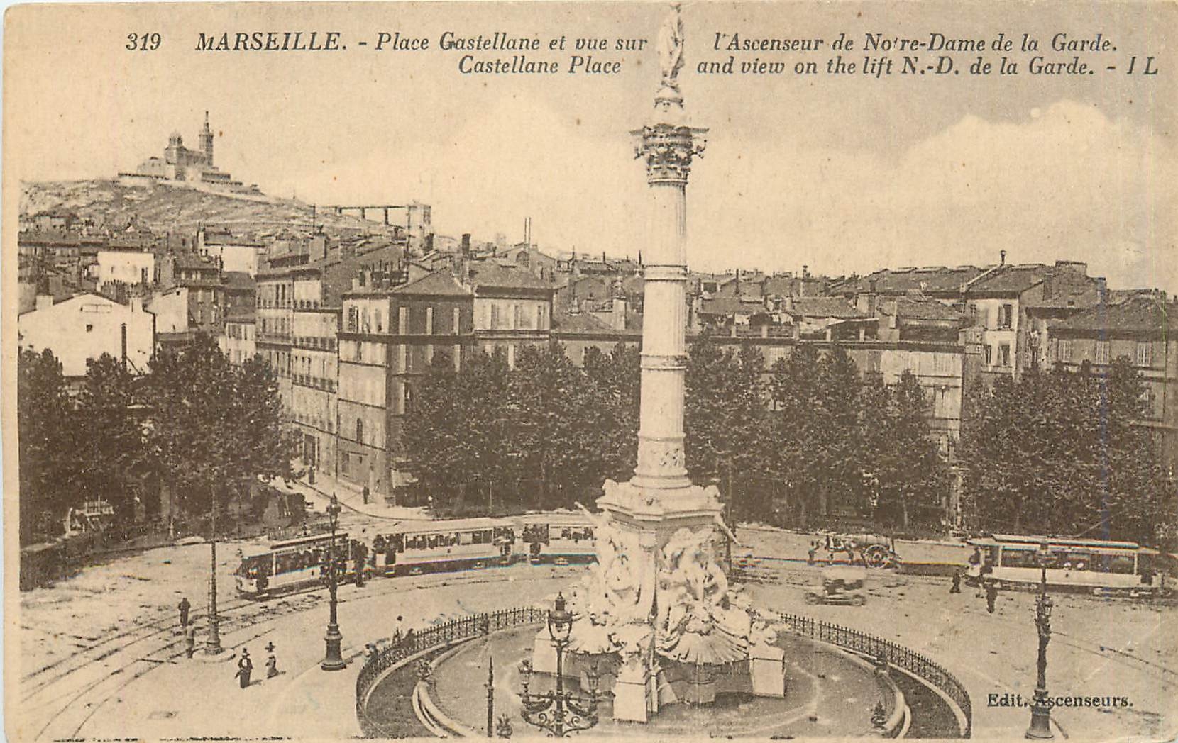 CPA MARSEILLE  Place Castellane et vue sur l'Ascensseur de Notre-Dame de la Guarde