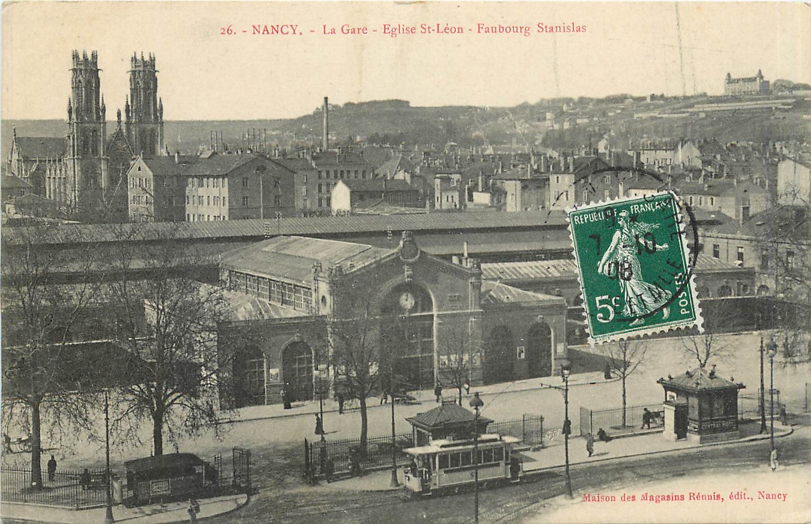 CPA Nancy la Gare Eglise St Leon Faubourg Stanislas Tramway