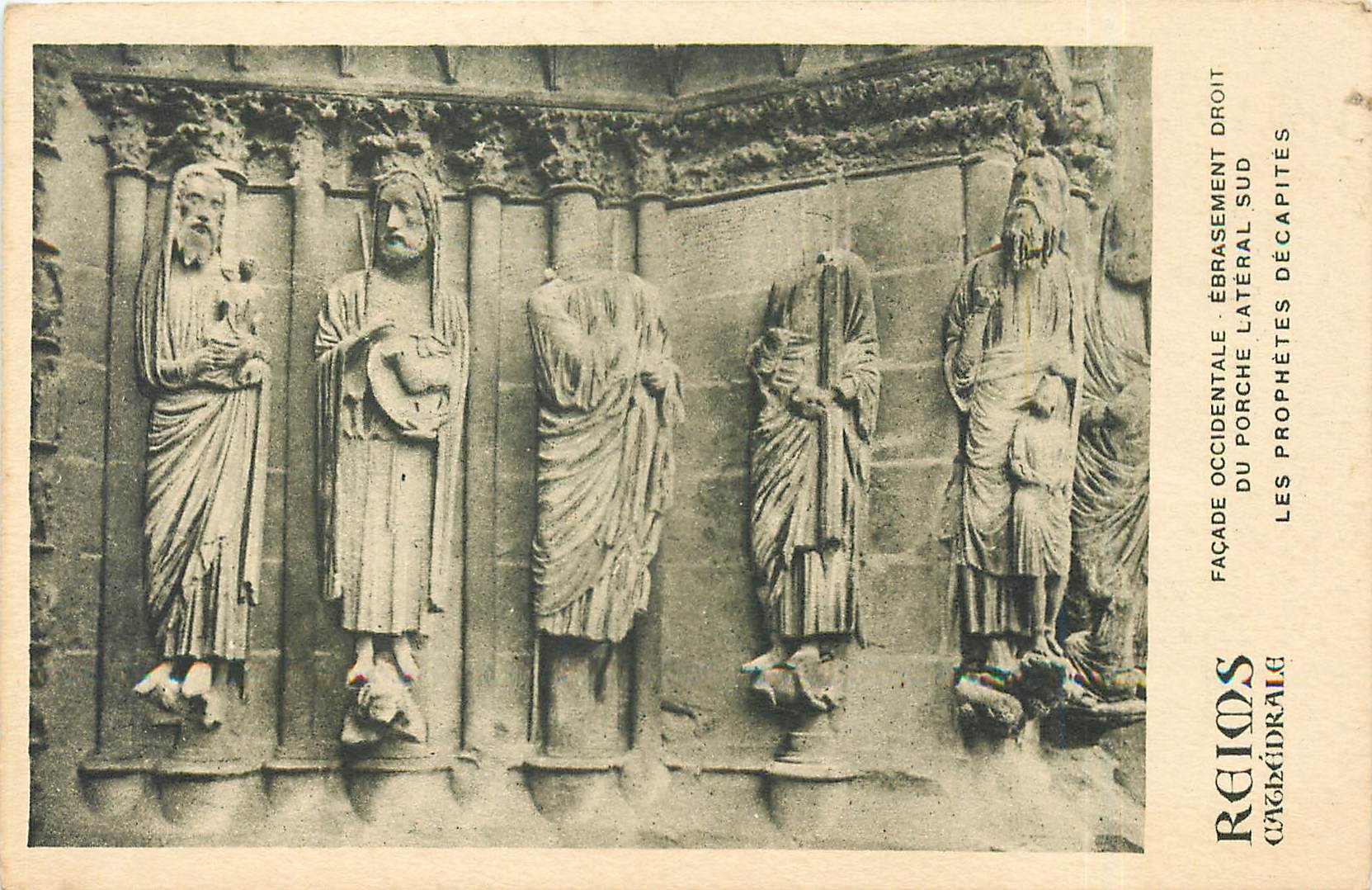 CPA Reims Cathedrale facade occidentale ebrasement droit du porche lateral sud les prophetes decapit