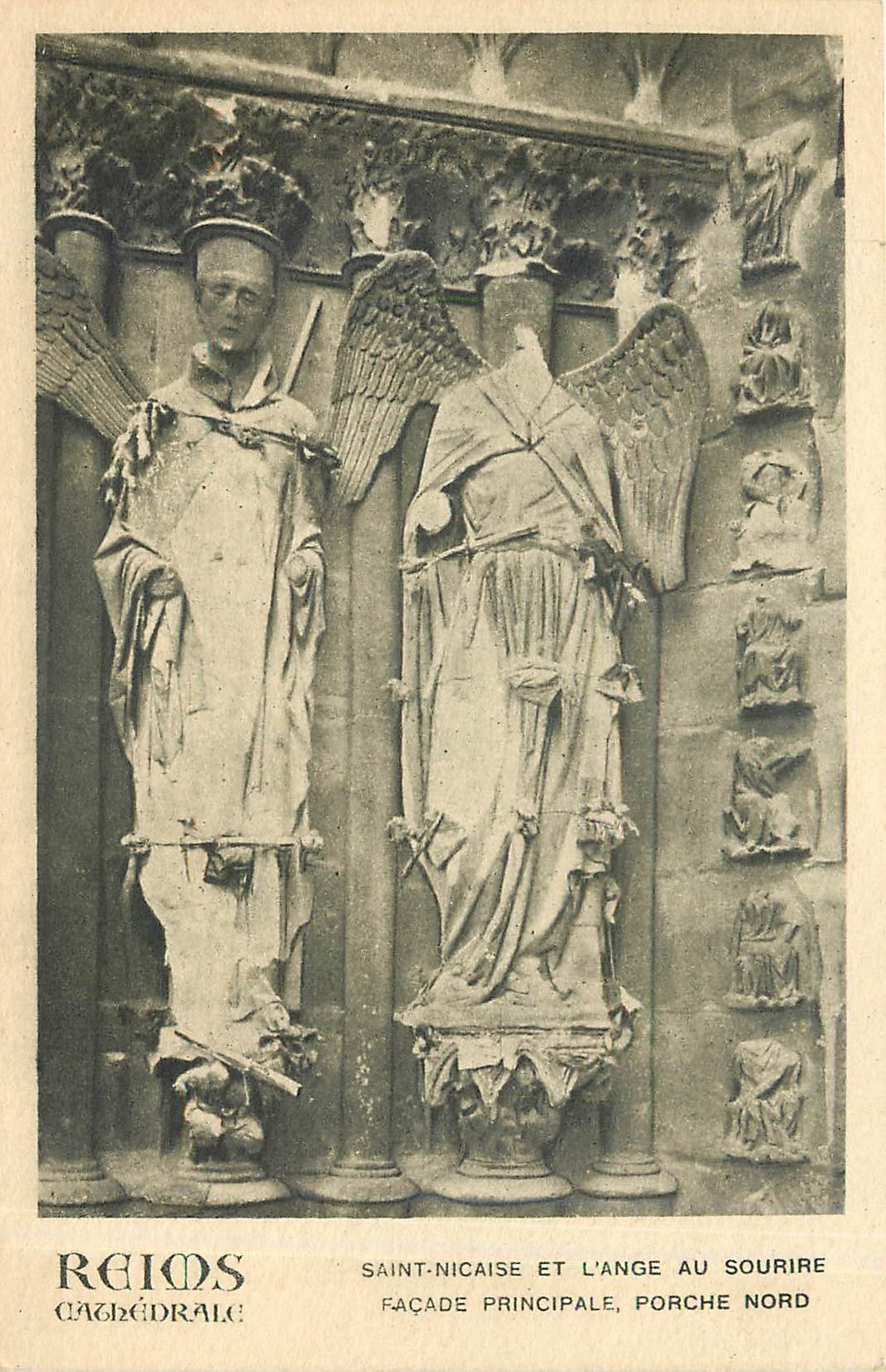 CPA Reims cathedrale Saint Nicaise et l'Ange au Sourire Facade principale Porche Nord 