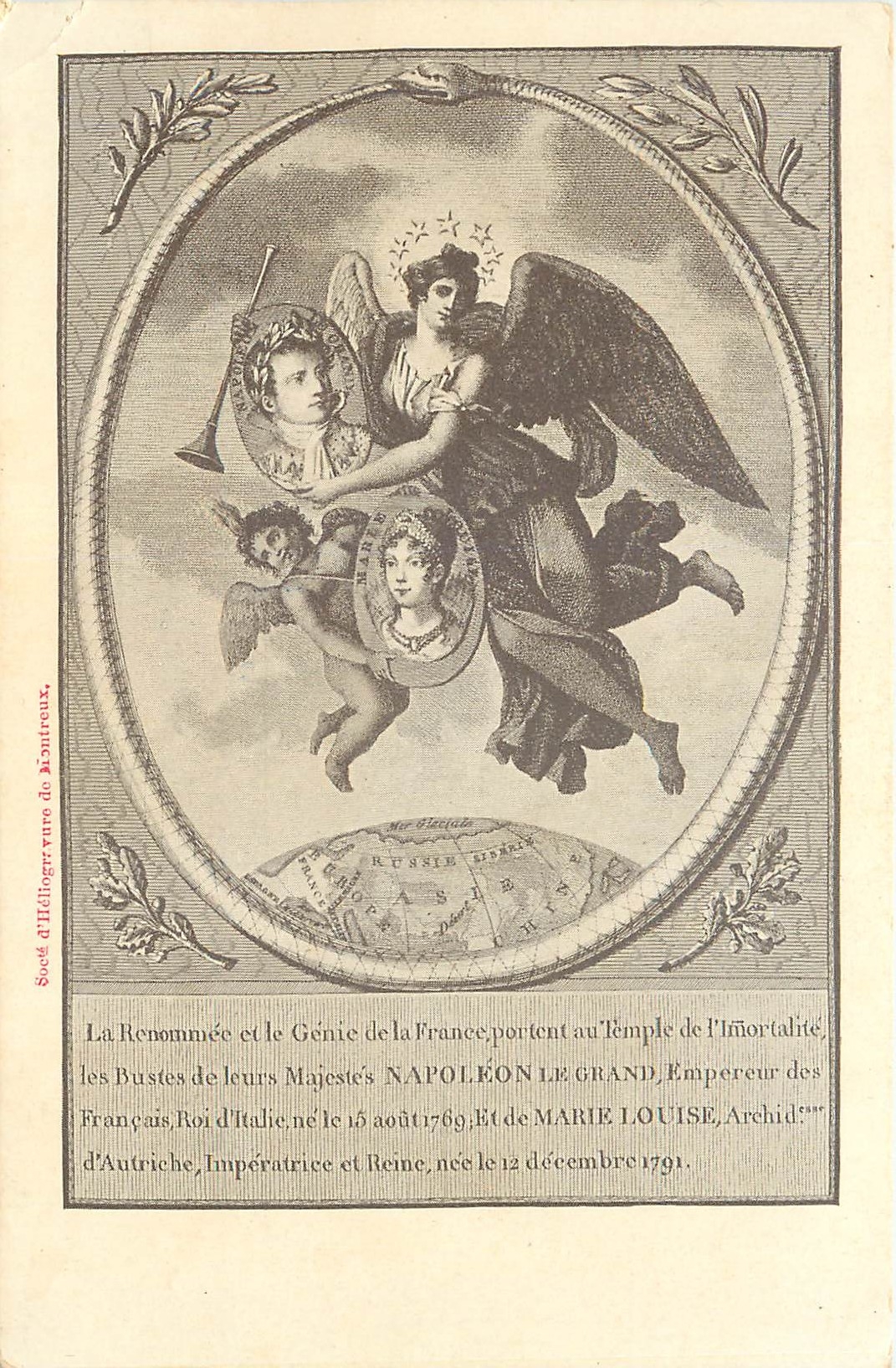 CPA La Renommee et le Genie de la France portent au Temple de l'Immortalite les bustes de leurs Maje