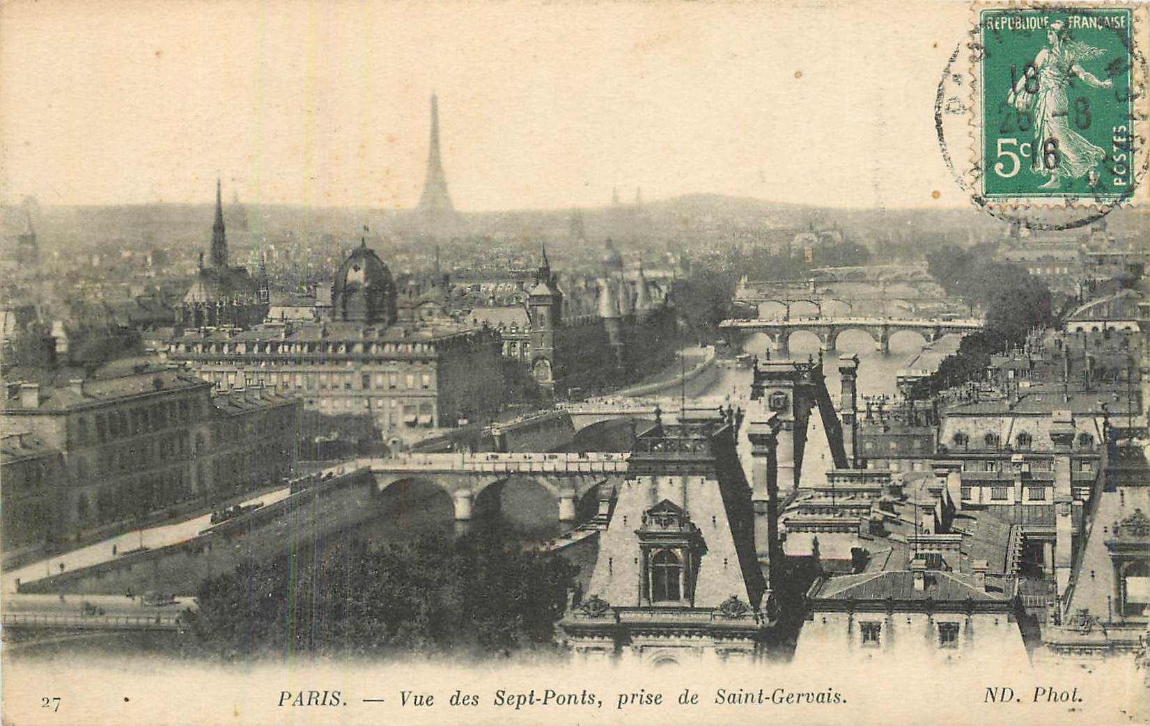 CPA Paris vue des Sept Ponts prise de Saint Gervais Tour Eiffel