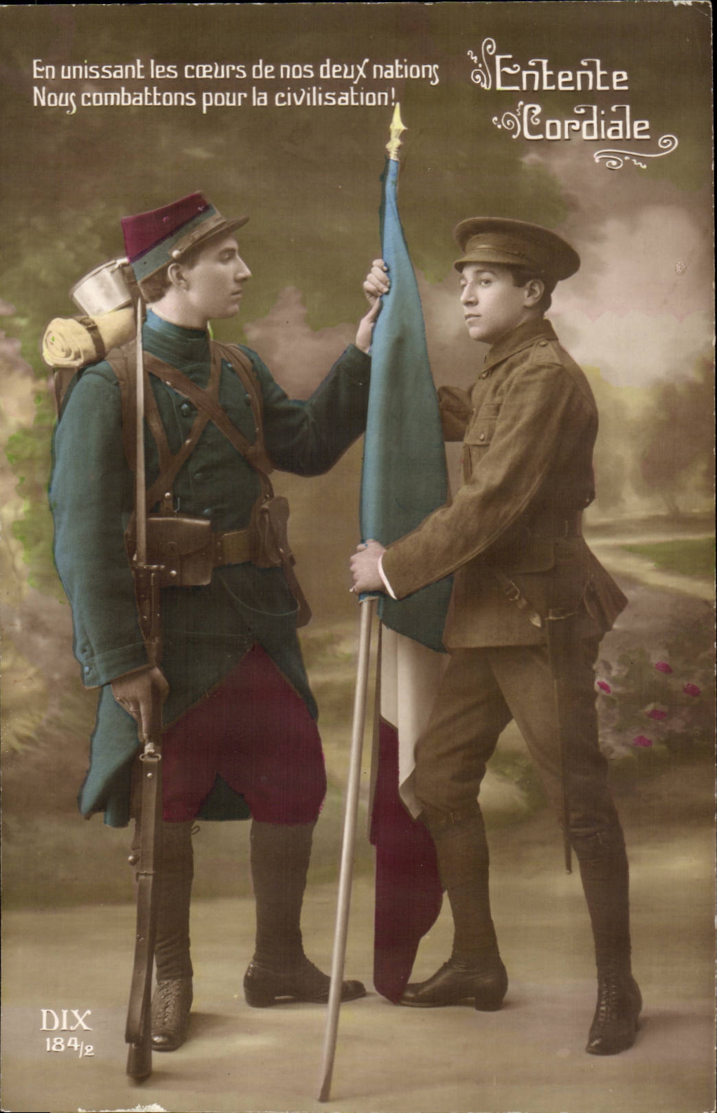 CPA LEn linking the hearts D enos two nations Patriotic French English Militaria