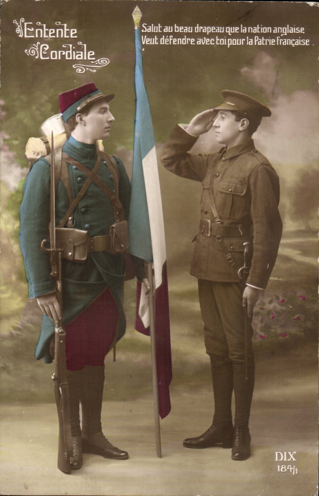 CPA LSAlut mit der schonen dieser Markierungsfahne die englische Nation patriotisches franzosisch-englisches Militaria