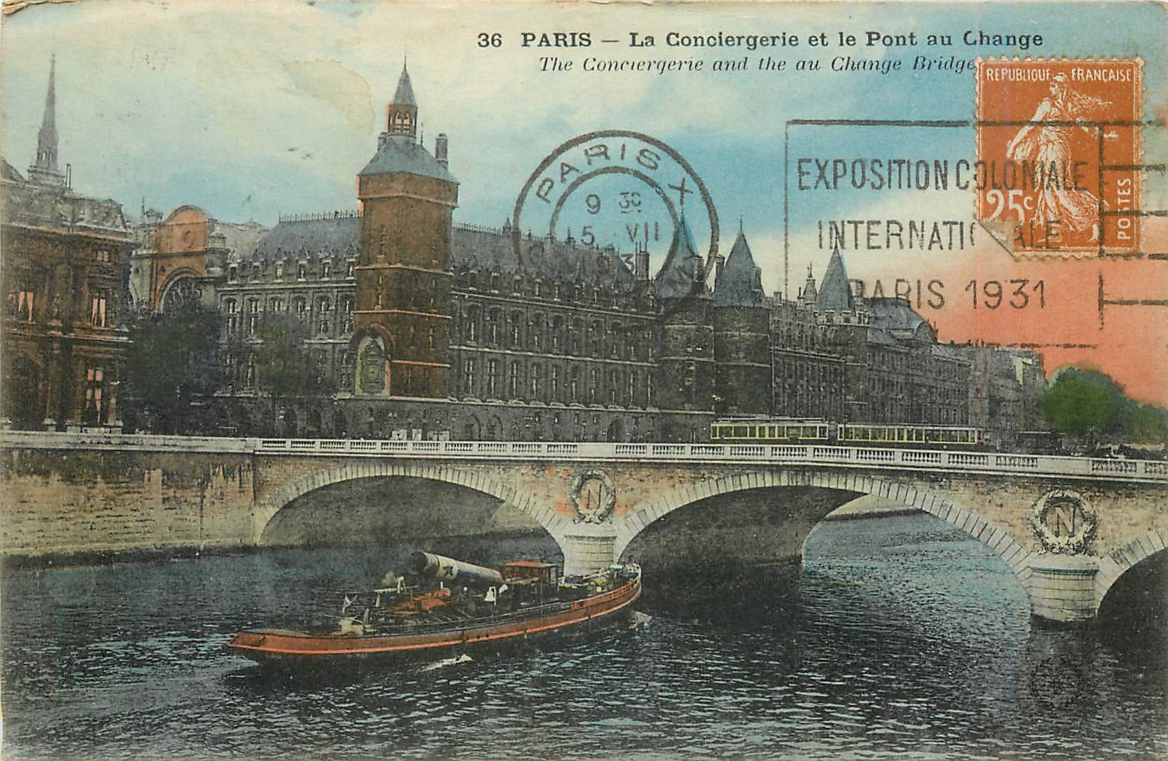 CPA Paris La Conciergerie et le Pont au Change Bateau