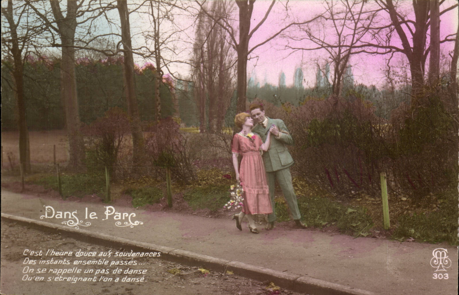 Fantaisie CPA Dans le parc couple amoureux