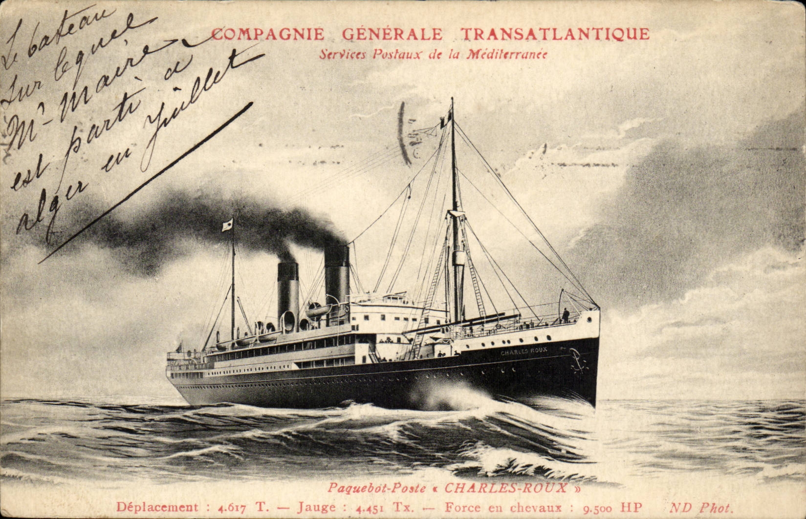 Transatlantic Steamer-Boat-steamer General Company: - Postal services of the Mediterranean Charles Roux- CPA
