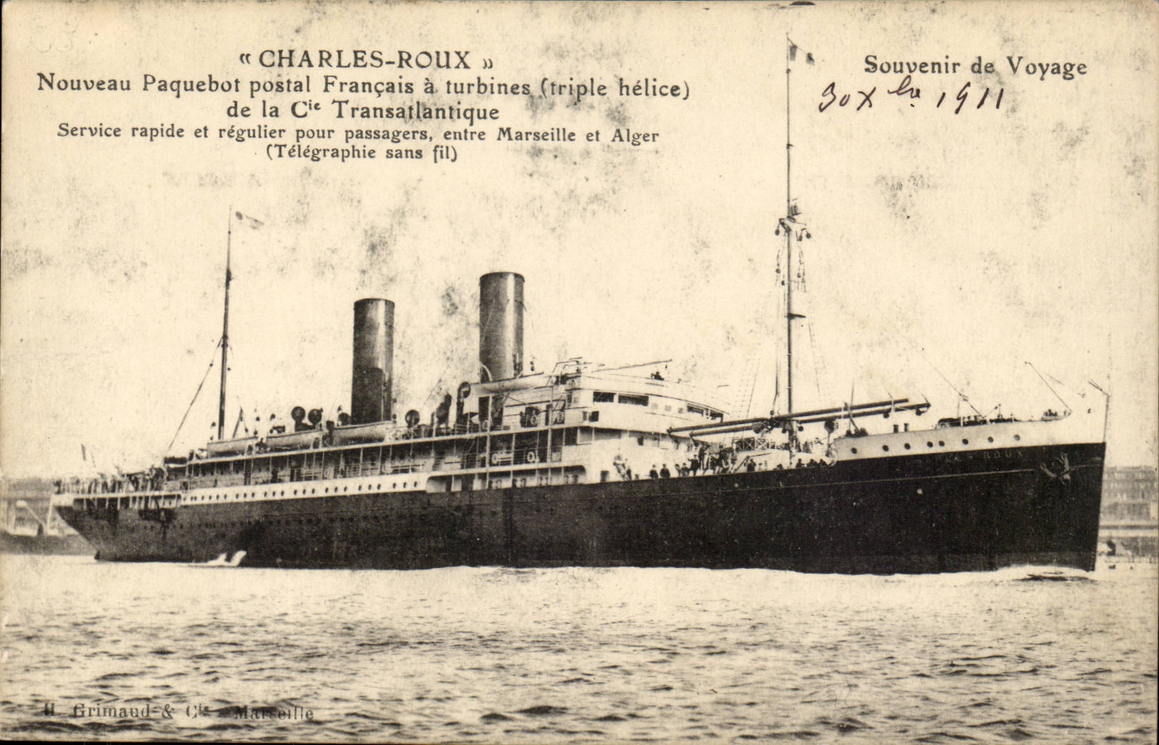 Charles-Russet-red Steamer-Boat-steamer New French Postal Steamer (triple propeller) of Transatlantic Co CPA