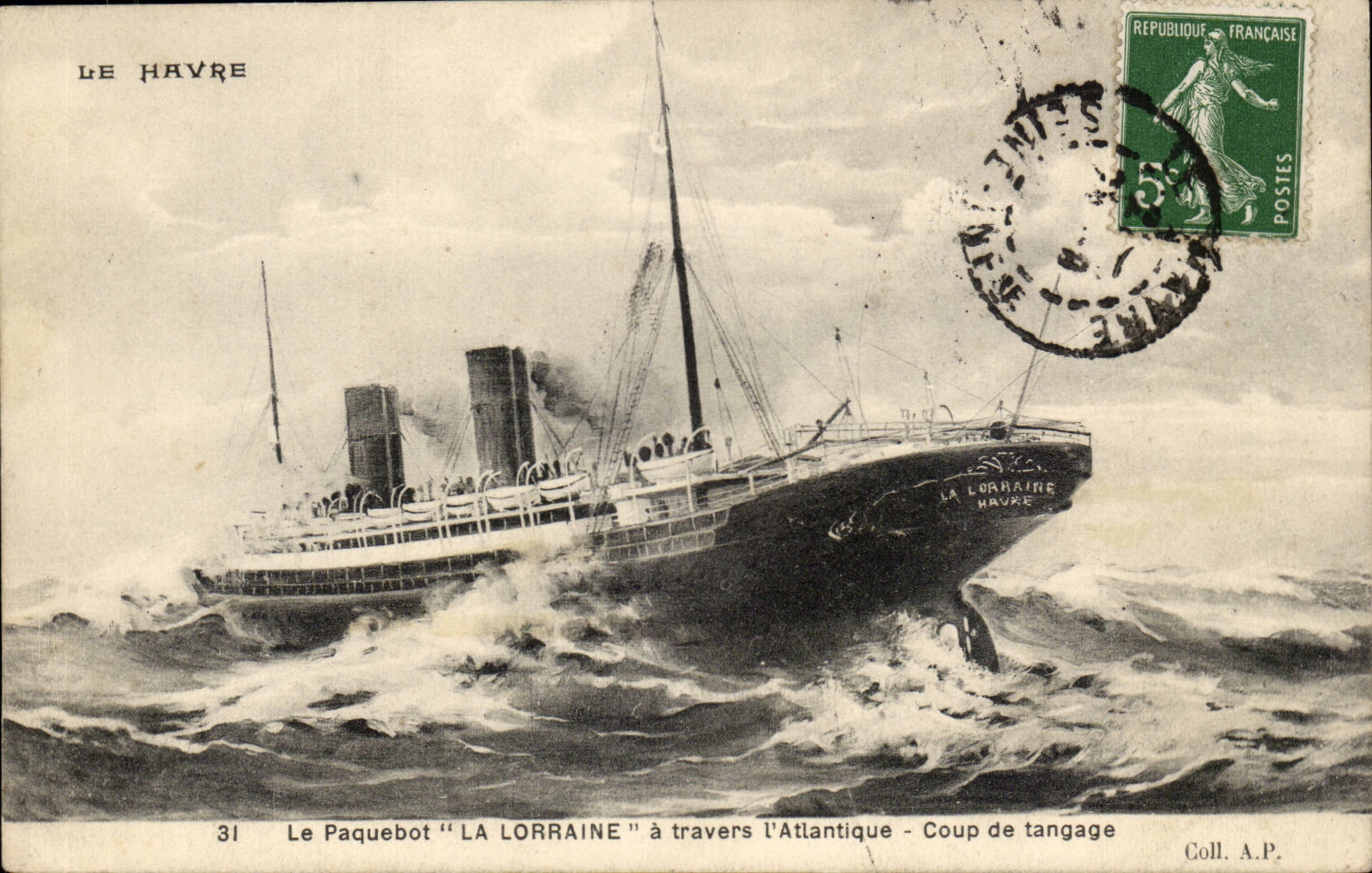 Steamer-Boat-steamer Harbor Lorraine through a¤' Atlantic Blow of pitching-Storm - CPA