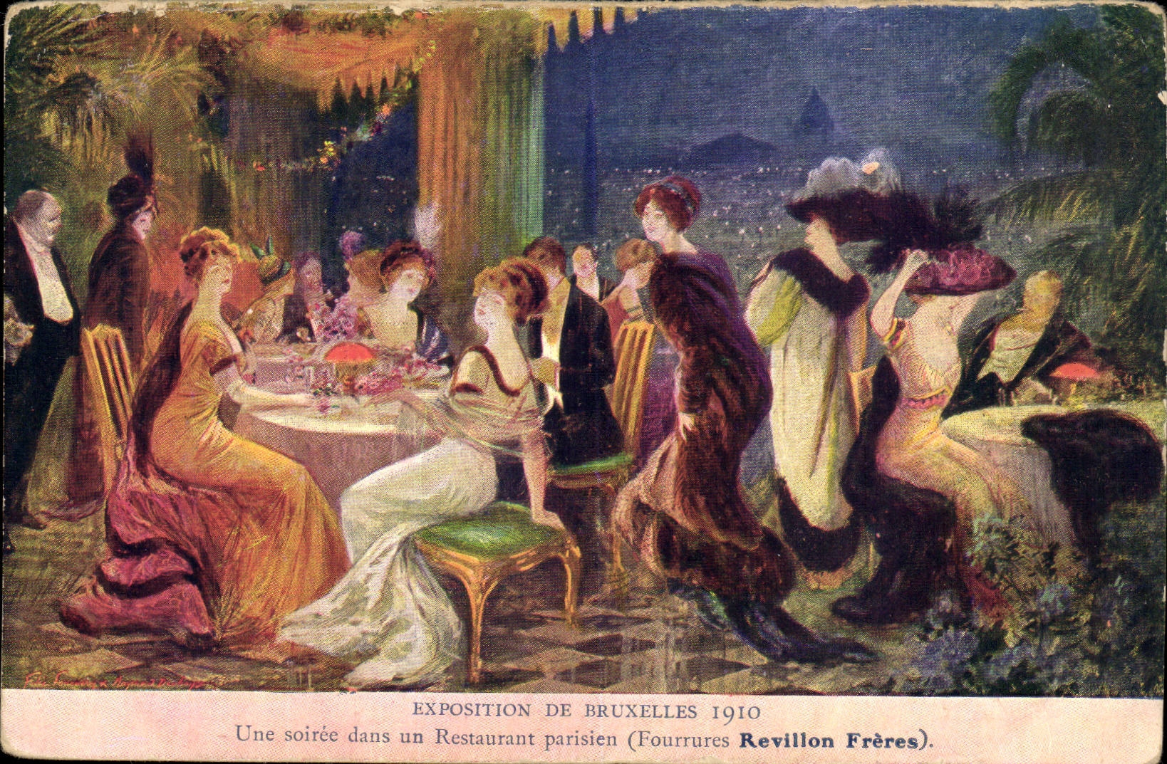 Exposition Universelle Bruxelles-Illustration-Une soiree dans un Restaurant parisien(Fourrures Revillon Freres)-CPA
