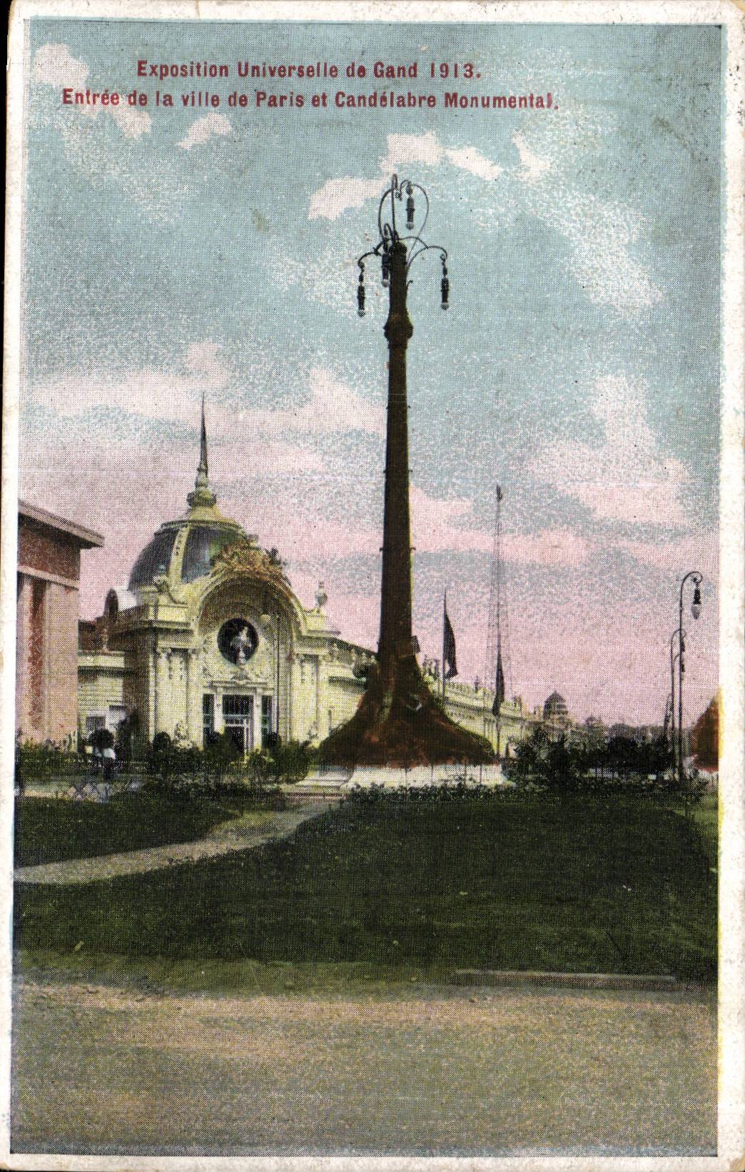 Fair Universalitat Eingangs des Gent-Gent-Belgien-Belgien der Stadt von Paris und von Candelabre Denkmal-CPA