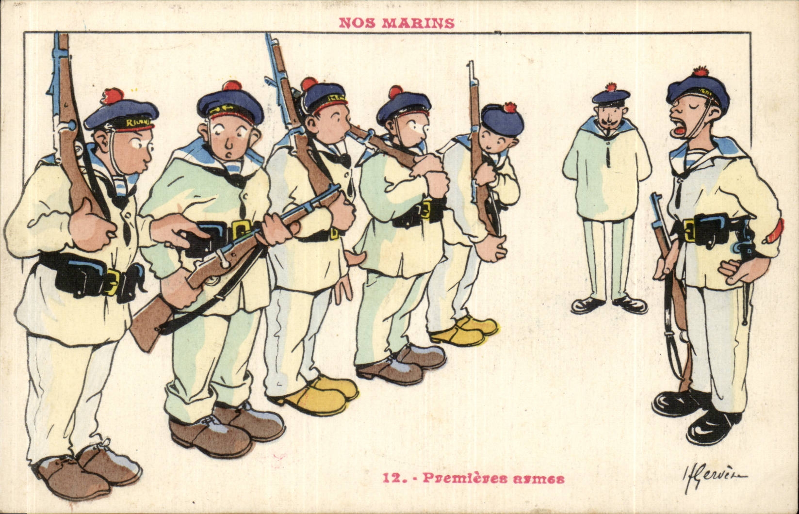 Nos Marins-Fantaisie-Humour-Bateau- Premieres armes- CPA Gervese