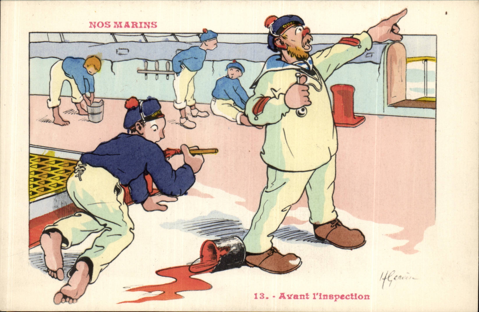 Nos Marins-Fantaisie-Humour-Bateau- Avant l'inspection-CPA Gervese
