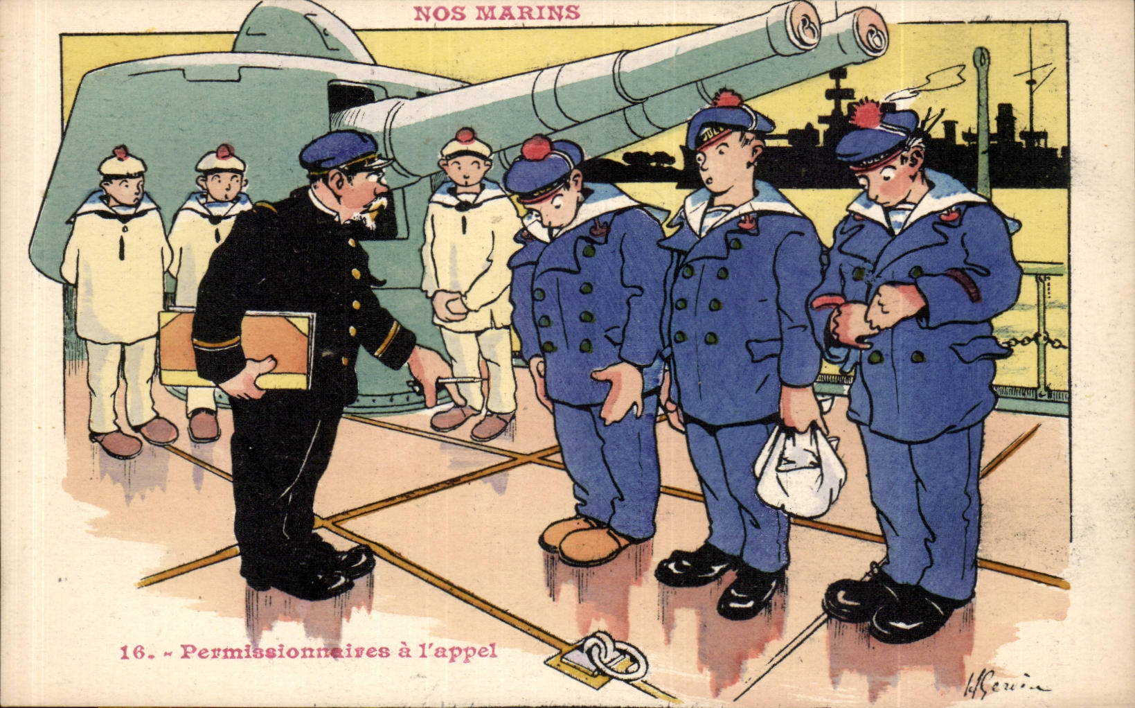 Nos Marins-Fantaisie-Humour-Bateau- Permissionaires a l'appel - tank-char- CPA Gervese