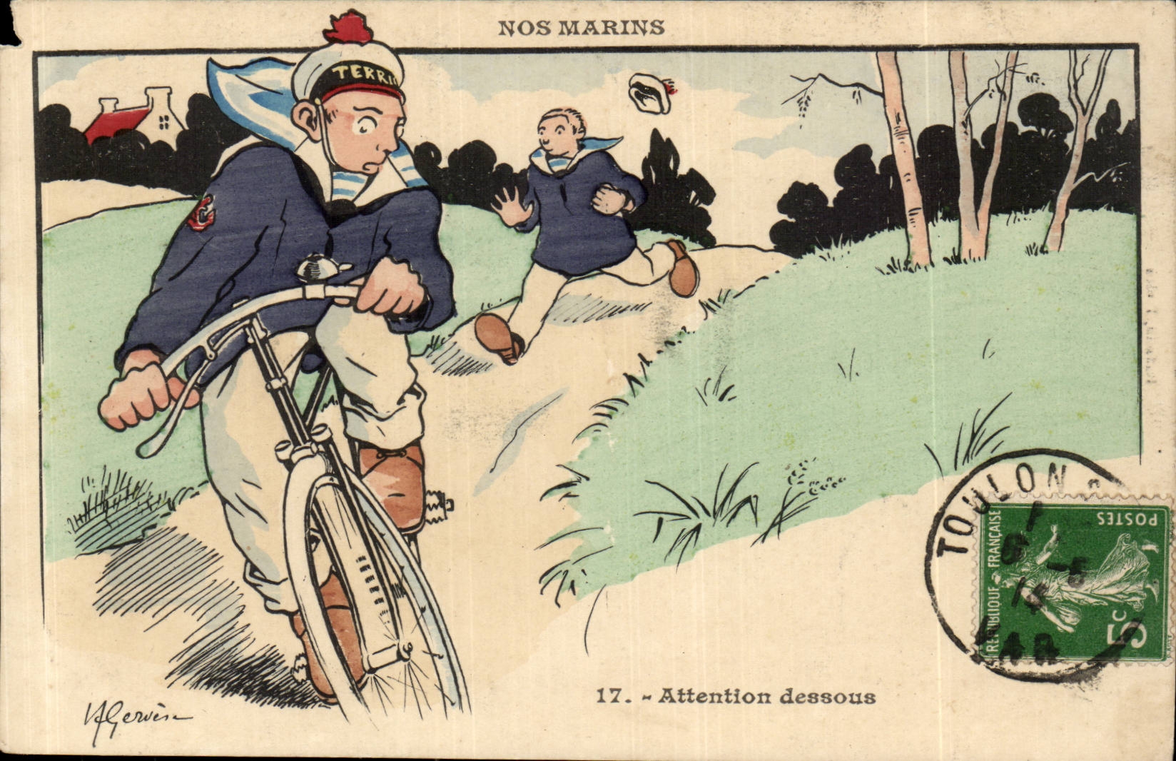 Nos Marins-Fantaisie-Humour-Bateau- Attention dessous- bicyclette- CPA Gervese