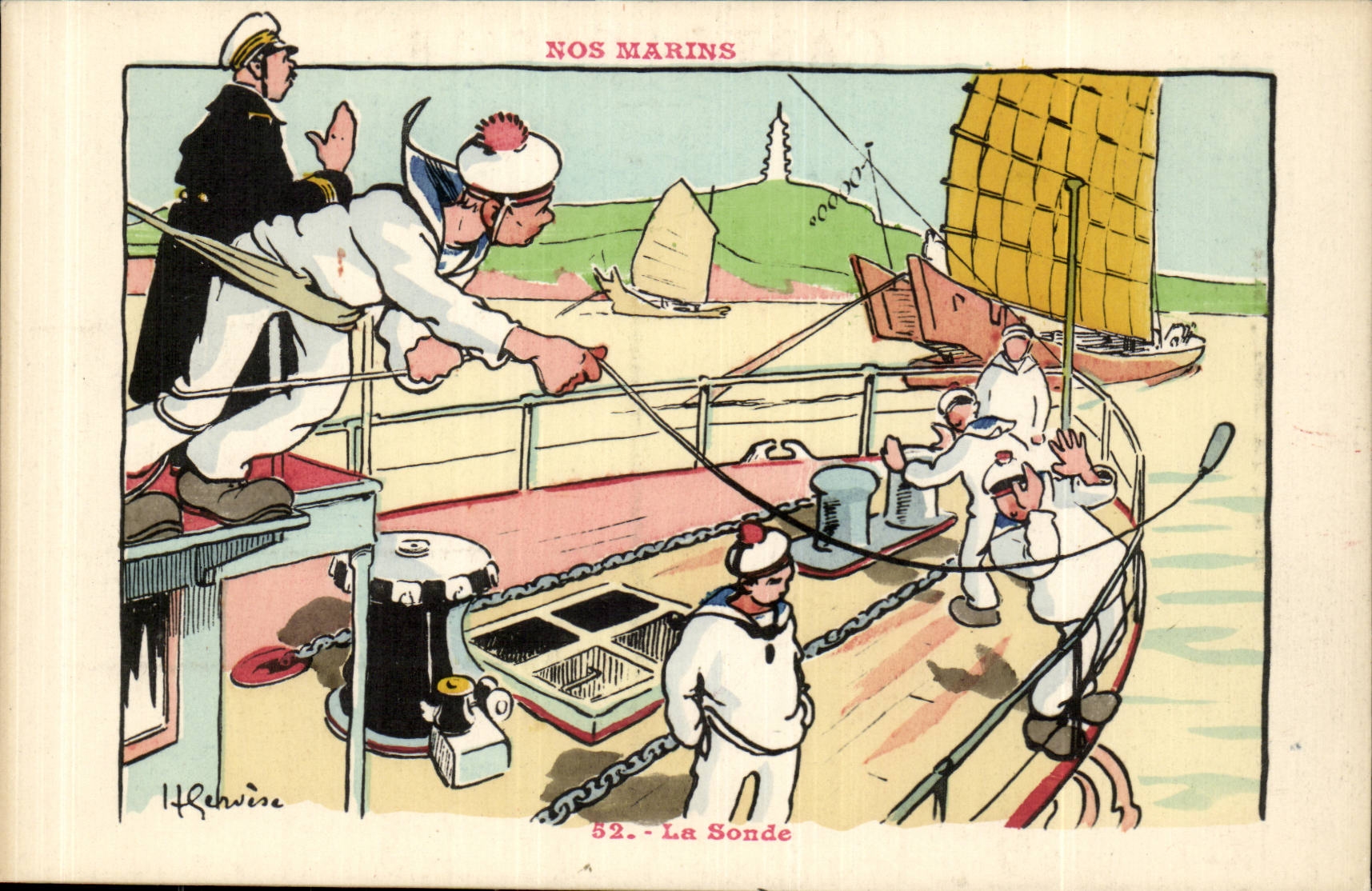 Nos Marins-Fantaisie-Humour-Bateau- La Sonde -CPA Illustrateur Gervese