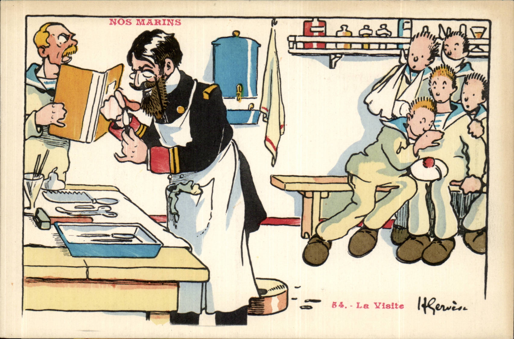 Nos Marins-Fantaisie-Humour-Bateau- La Visite- Medecin-Doctor -CPA Illustrateur Gervese