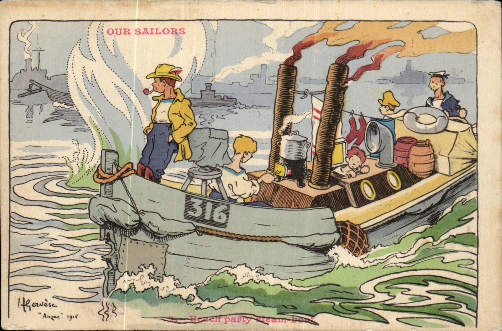 Our Sailors-Fantasy-Humor-Boat Beach party steam boat - CPA