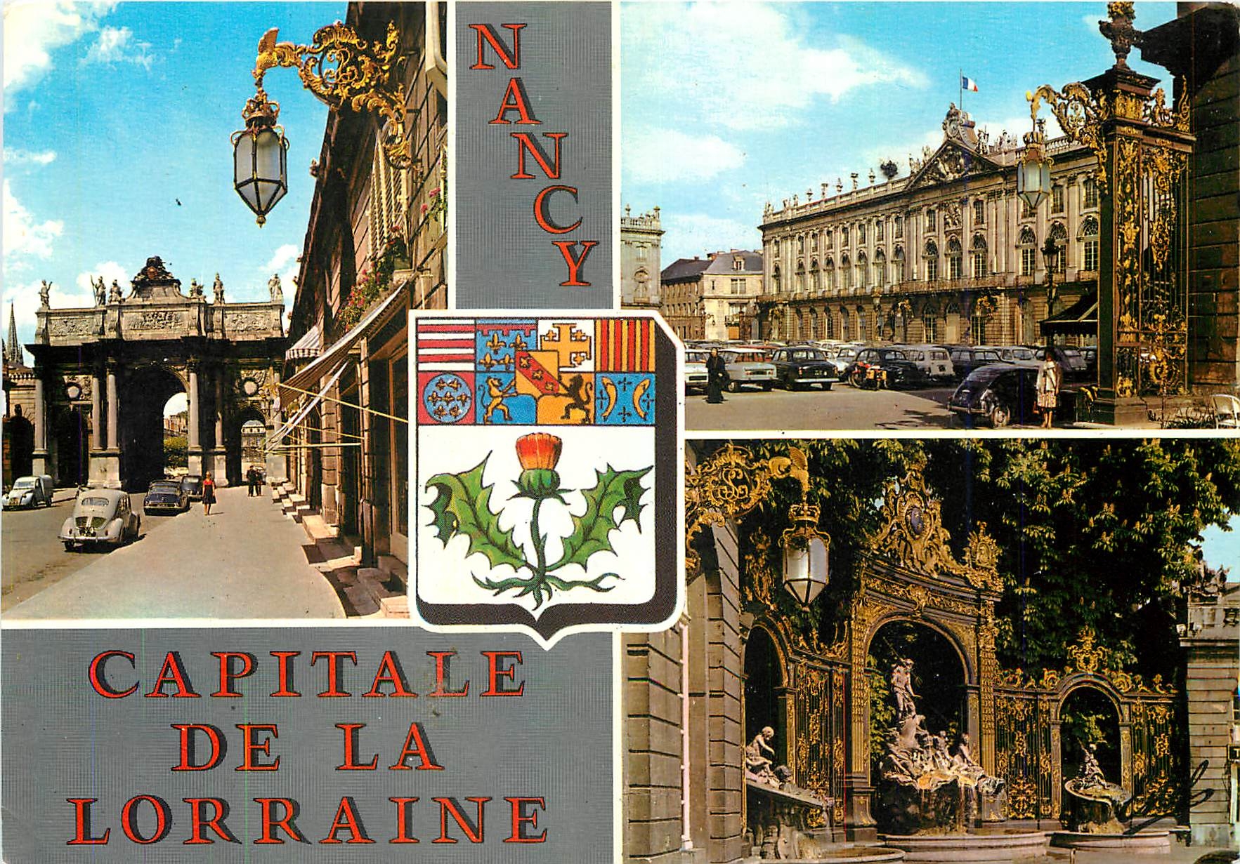 CPM Nancy (Meurthe et Moselle) La rue Here et l'Arc de triomphe l'hotel de ville la fontaine de Nept
