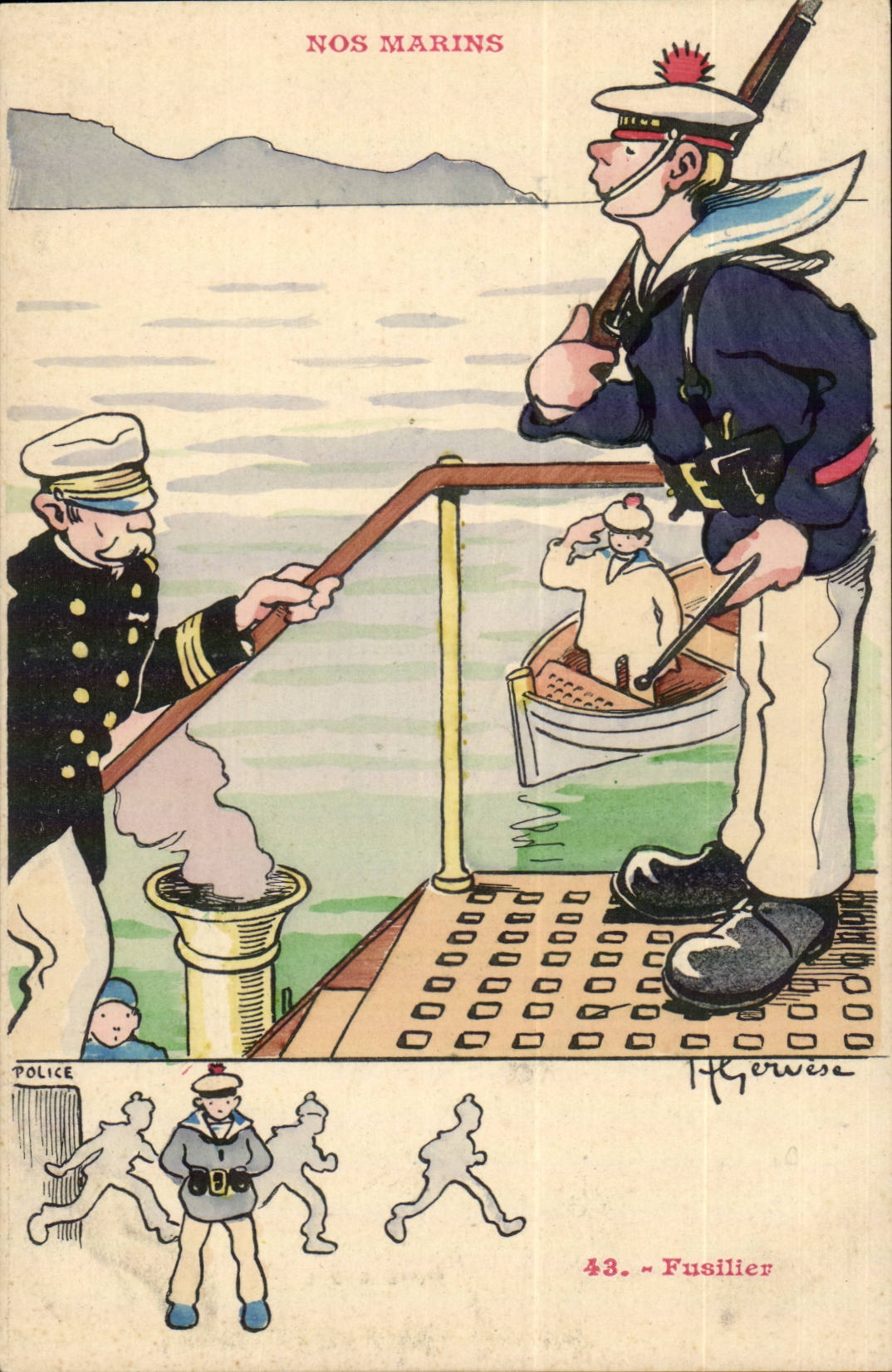 Nos Marins-Fantaisie-Humour-Bateau- Fusilier- CPA Gervese Illustrateur