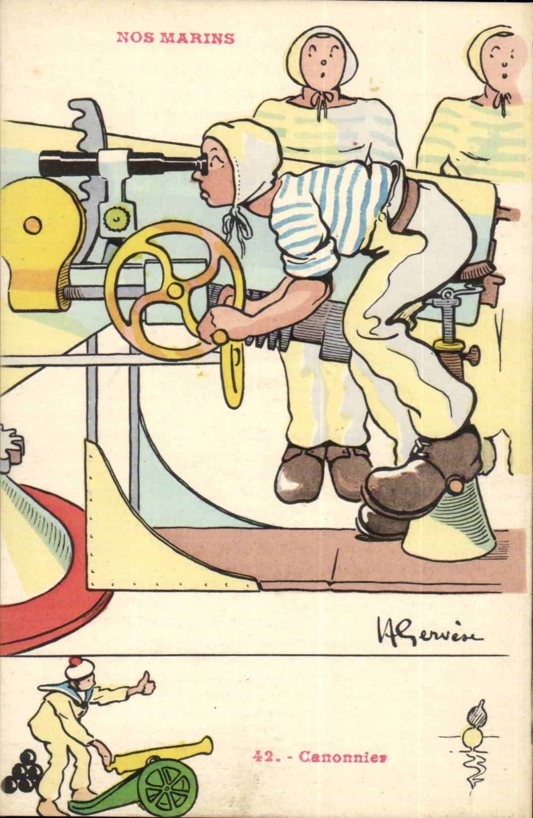Nos Marins-Fantaisie-Humour-Bateau- Cannonier- CPA Gervese Illustrateur