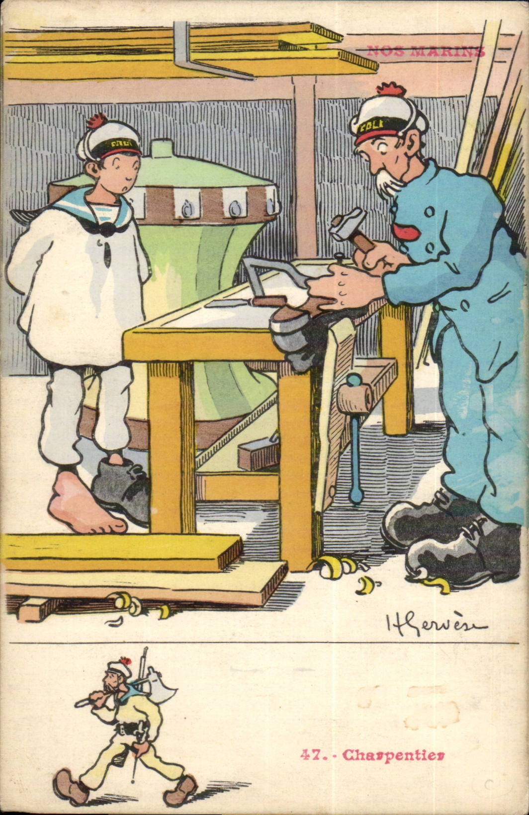 Nos Marins-Fantaisie-Humour-Bateau- Charpentier CPA Gervese Illustrateur