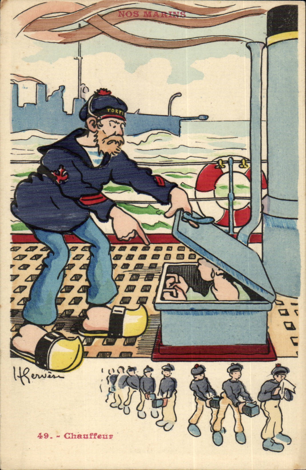 Nos Marins-Fantaisie-Humour-Bateau- Chauffeur- CPA Gervese Illustrateur