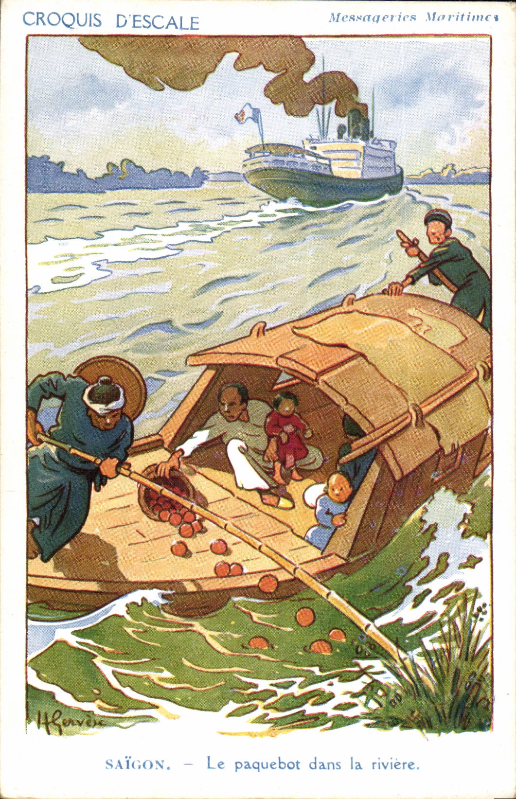 Croquis D'escale-Fantaisie- Vietnam-Saigon- Le paquebot dans la riviere- CPA Gervese Illustrateur