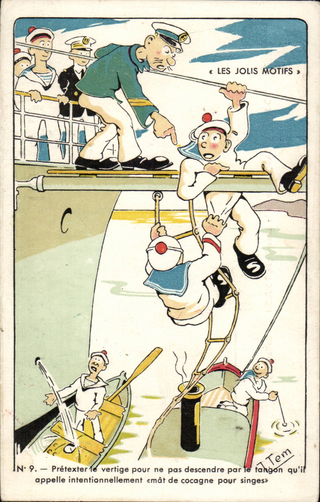 Marins-Fantaisie--Bateau- Illustration- Les Jolis Motifs- Pretexter le vertige pour ne pas descendre -CPA Illustrateur