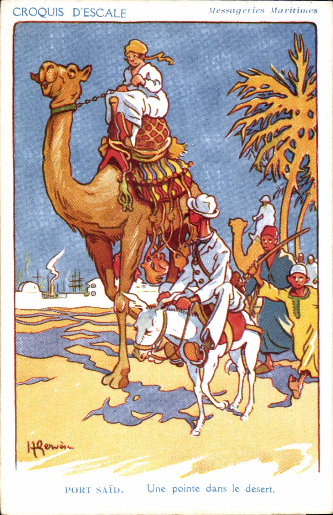 Croquis D'Escale-Fantaisie--Illustration-Port Said-Une oint dans le desert-Camel-Chameau -CPA Illustrateur Egypte