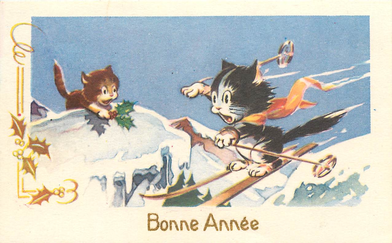CPA Bonne Annee Ski Chats
