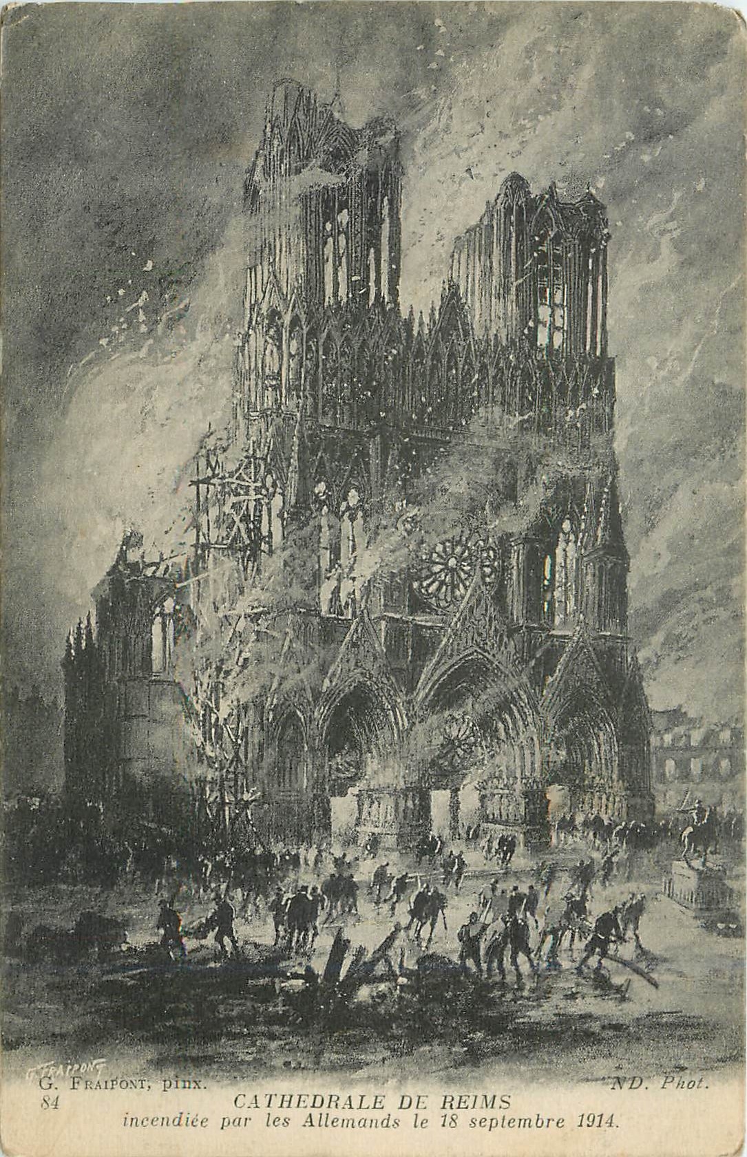 CPA Cathedrale de Reims incendiee par les Allemands 