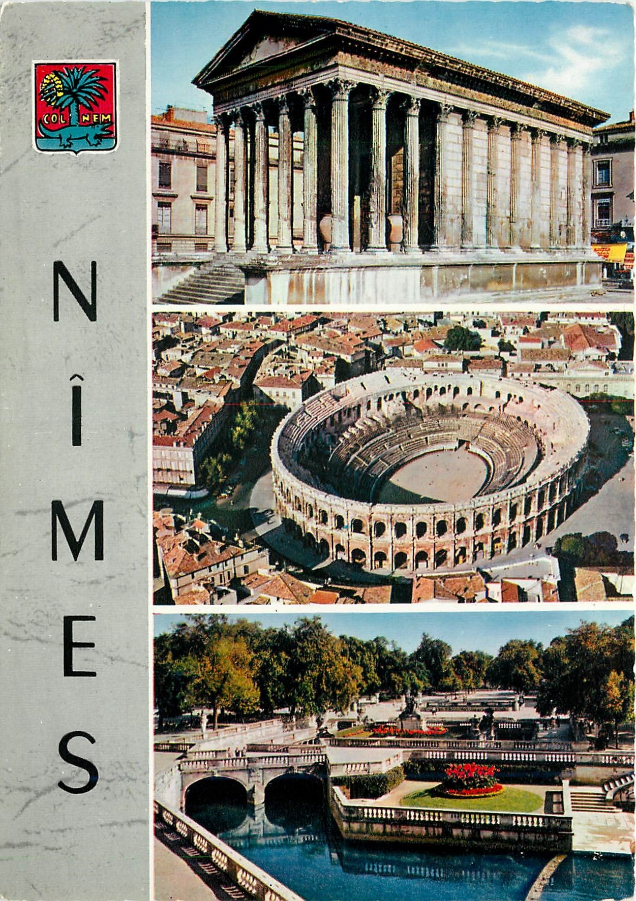 CPM Souvenir de Nimes Maison Carree Arenes Romaines Jardin de la Fontaine