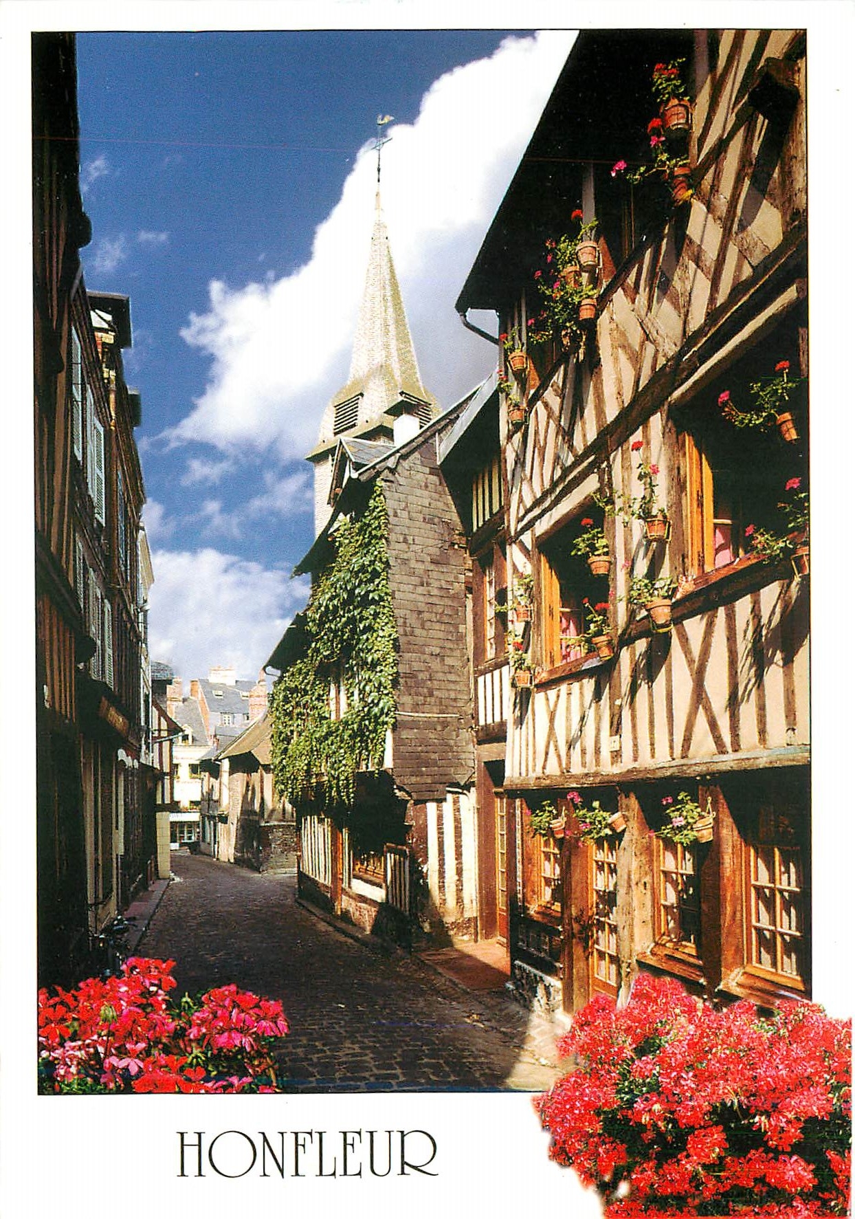 CPM Honfleur Calvados Vieille rue typique et le clocher de Sainte Catherine 