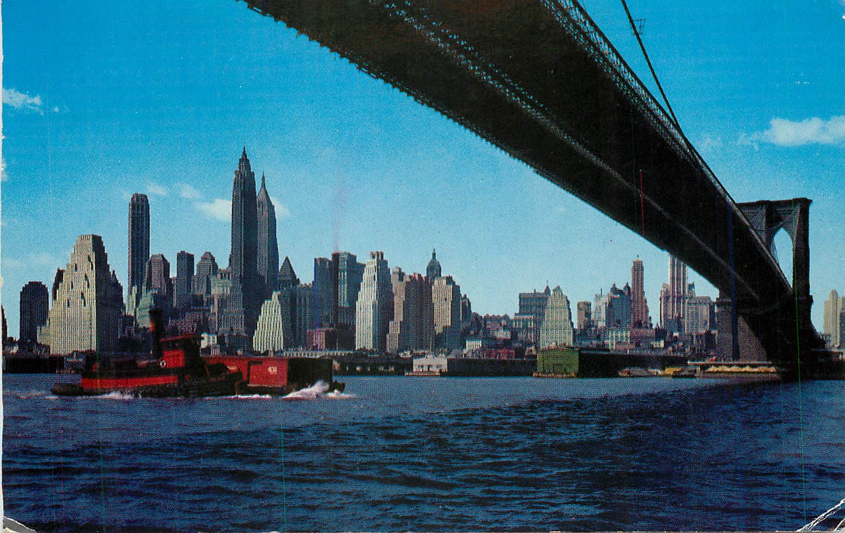 CPM Lower Manhattan Skyline Brooklyn Bridge overhead spanning the East River 