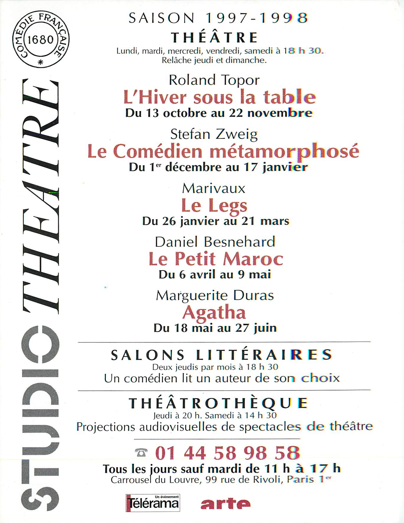 CPM Saison 1997 1998 Theatre Roland Topor l'hiver sous table du 13 oct au 22 novembre Paris Comedie 