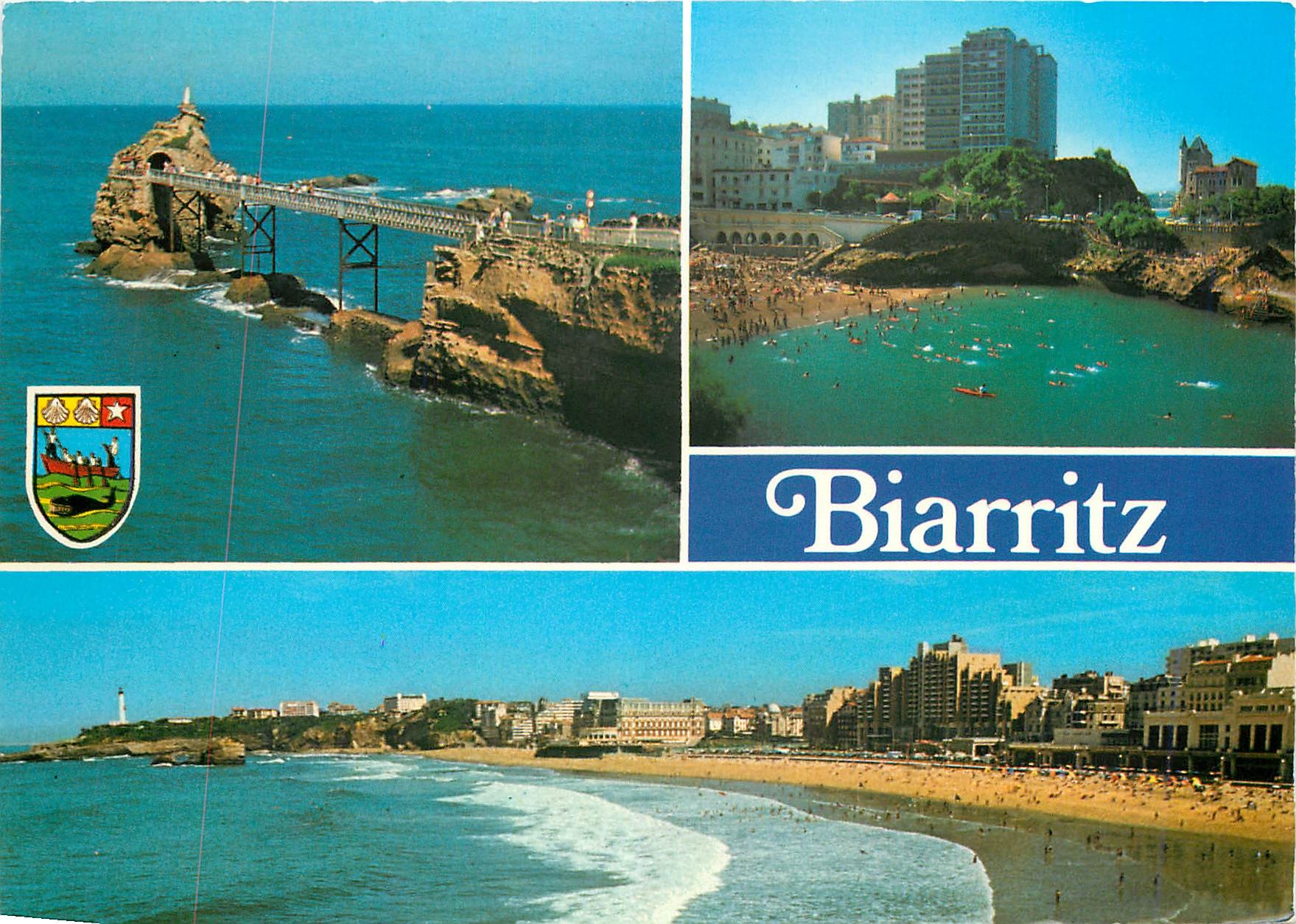 CPM Biarritz Le Rocher de la Vierge La plage du Port Vieux et la villa Beltza La grande et le phare 