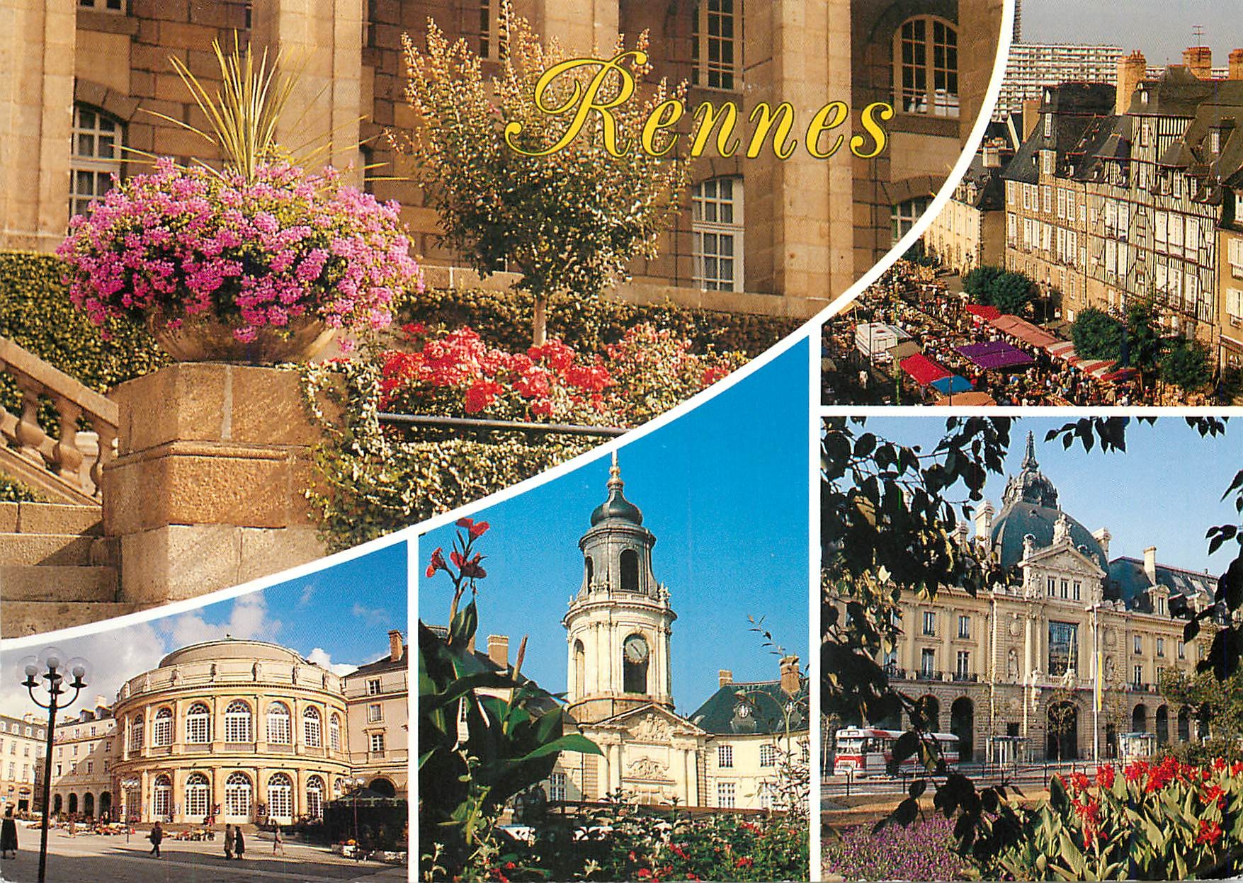 CPM Rennes Les Jardins du Palais St Georges Le theatre le beffroi de l'Hotel de Ville